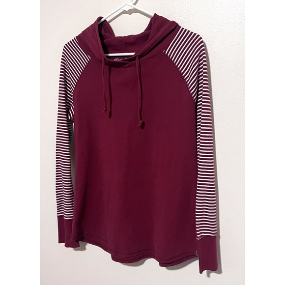 Eddie Bauer Top Womens Large Hoodie Tee Cranberry Red Stripe Sleeve Cotton Shirt - Picture 2 of 5
